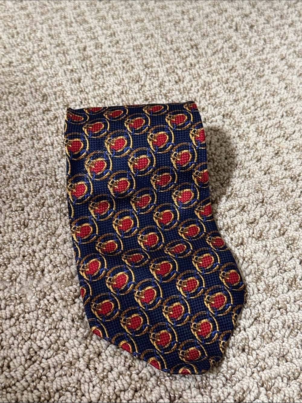 Wembley Navy Tie with Red and Gold Medallion Pattern